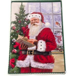 Christmas Cards Santa Clause with List Box of 12 Plus Envelopes Holiday Tree